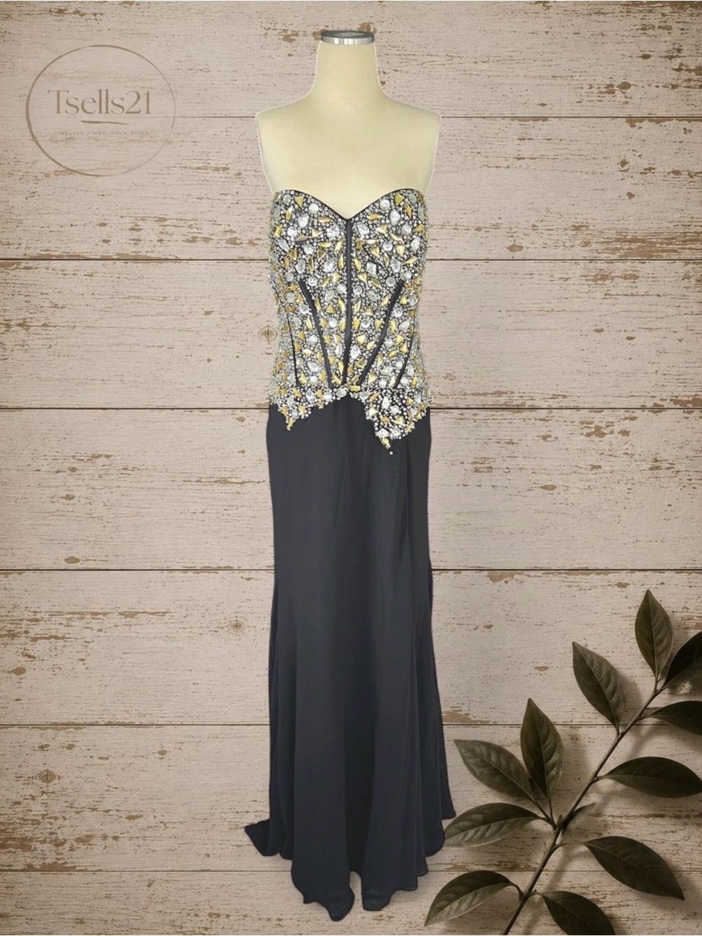Colors Couture Strapless Embellished Evening Gown - Black and Gold